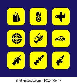 Military vector icon set. airplane, gun, aim and police car