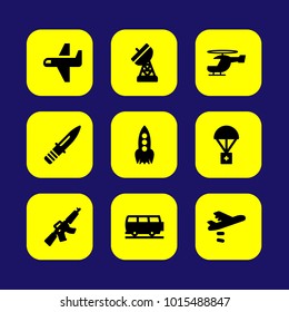 Military vector icon set. antenna, car, rufle and airplane