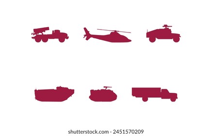 Military Vector Icon Set. armed forces silhouette set. Collection of various realistic military vehicles and firearms. Vector illustration