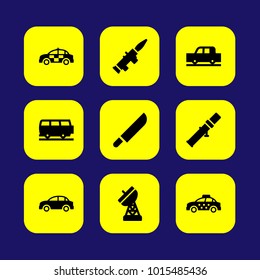 Military vector icon set. bazooka, van, taxi and car