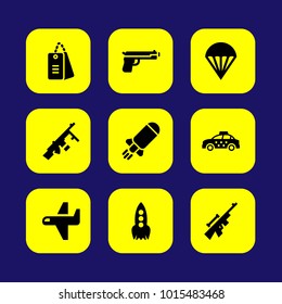 Military vector icon set. bomb, airplane, parachute and tags