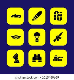 Military vector icon set. bomb, antenna, binoculars and car