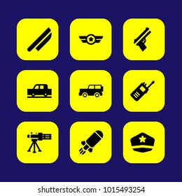 Military vector icon set. bomb, soldier hat, walkie talkie and car