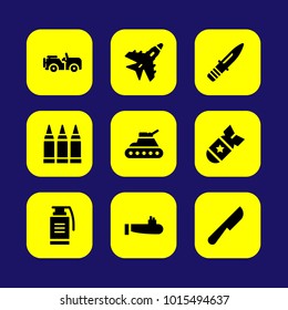 Military vector icon set. bomb, destroyer, car and grenade