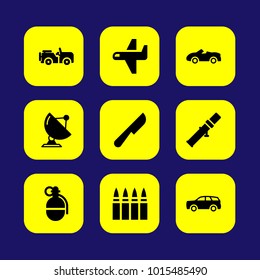 Military vector icon set. bullets, knife, car and radar