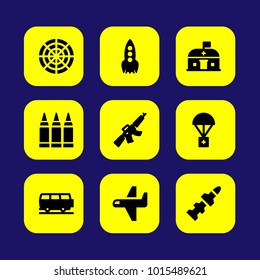 Military vector icon set. bullets, van, radar and ammunition