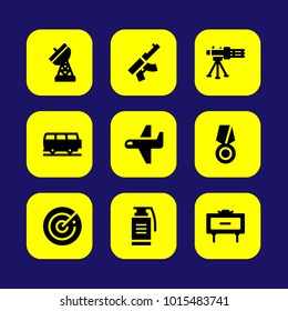 Military vector icon set. car, grenade, van and airplane