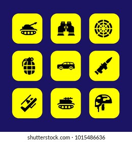 Military vector icon set. car, tank, helmet and helicopter