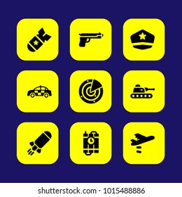 Military vector icon set. car, soldier hat, radar and tank