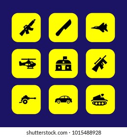 Military vector icon set. car, helicopter, tank and knife