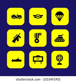 Military vector icon set. car, parachute, medal and sniper