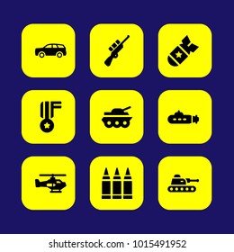 Military vector icon set. car, medal, ammunition and bullets