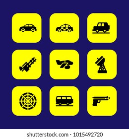 Military vector icon set. car, pistol, police car and gun