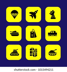 Military Vector Icon Set. Car, Tank, Jet And Dog Tags Military