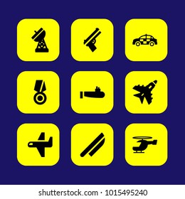 Military vector icon set. car, knife, gun and police car