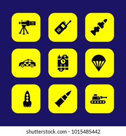 Military vector icon set. dynamite, walkie talkie, rocket and parachute