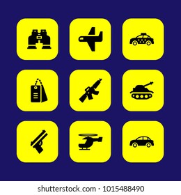 Military Vector Icon Set. Gun, Car, Dog Tags Military And Rufle