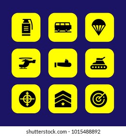 Military vector icon set. helicopter, van, radar and car