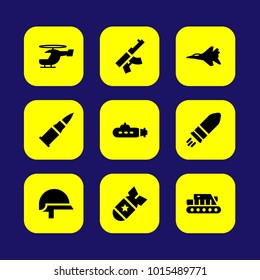 Military vector icon set. helicopter, aircraft, gun and tank