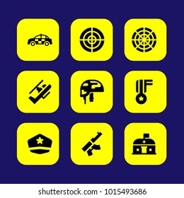 Military vector icon set. helicopter, car, nursecy and police car