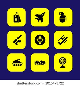 Military vector icon set. helicopter, car, grenade and tags