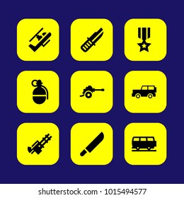 Military vector icon set. helicopter, medal, gun and machine gun