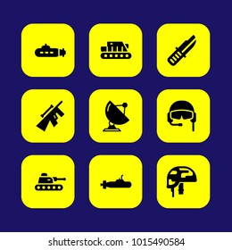 Military vector icon set. helmet, knife, submarine and sattelite