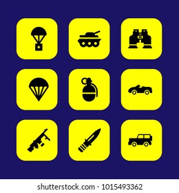 Military vector icon set. jeep, gun, sport car and knife
