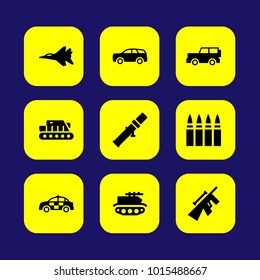 Military vector icon set. jet, tank, car and bullets