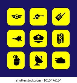 Military vector icon set. jet, radar, badge and sattelite
