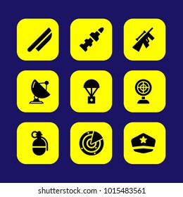 Military vector icon set. knife, radar, sattelite and aid