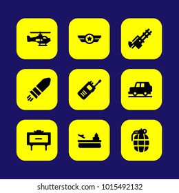 Military vector icon set. machine gun, badge, car and walkie talkie