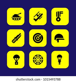 Military vector icon set. medal, helicopter, radar and tank