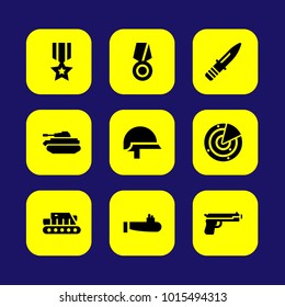 Military vector icon set. medal, tank, helmet and knife