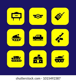 Military vector icon set. mine, gun, walkie talkie and car