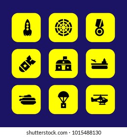 Military vector icon set. nursecy, aircraft carrier, tank and rocket