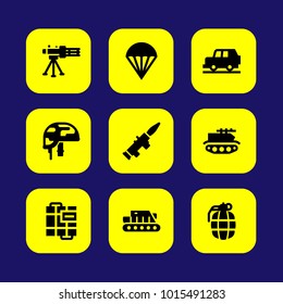 Military vector icon set. parachute, helmet, mashine gun and rocket