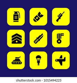Military vector icon set. parachute, knife, airplane and grenade