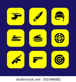 Military vector icon set. radar, knife, rifle and tank