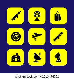 Military vector icon set. radar, airplane, aim and dog tags military