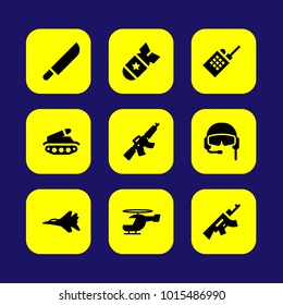 Military vector icon set. rifle, jet, bomb and walkie talkie
