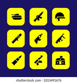 Military vector icon set. rifle, bullet, rufle and tank