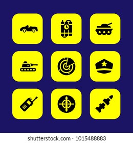 Military vector icon set. rocket, walkie talkie, aim and car