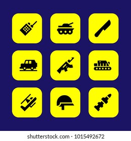 Military vector icon set. rocket, gun, car and rifle