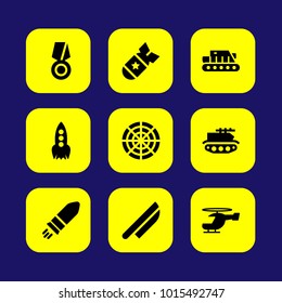 Military vector icon set. rocket, bomb, radar and knife