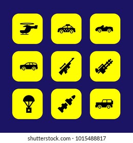 Military vector icon set. sniper, car, machine gun and gun