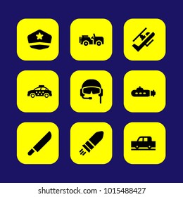 Military vector icon set. soldier hat, car, helicopter and bullet