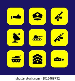 Military vector icon set. soldier hat, rank, submarine and gun