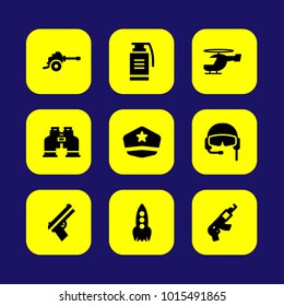 Military vector icon set. soldier hat, binoculars, gun and grenade