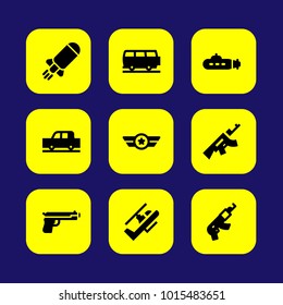 Military vector icon set. submarine, rifle, helicopter and van